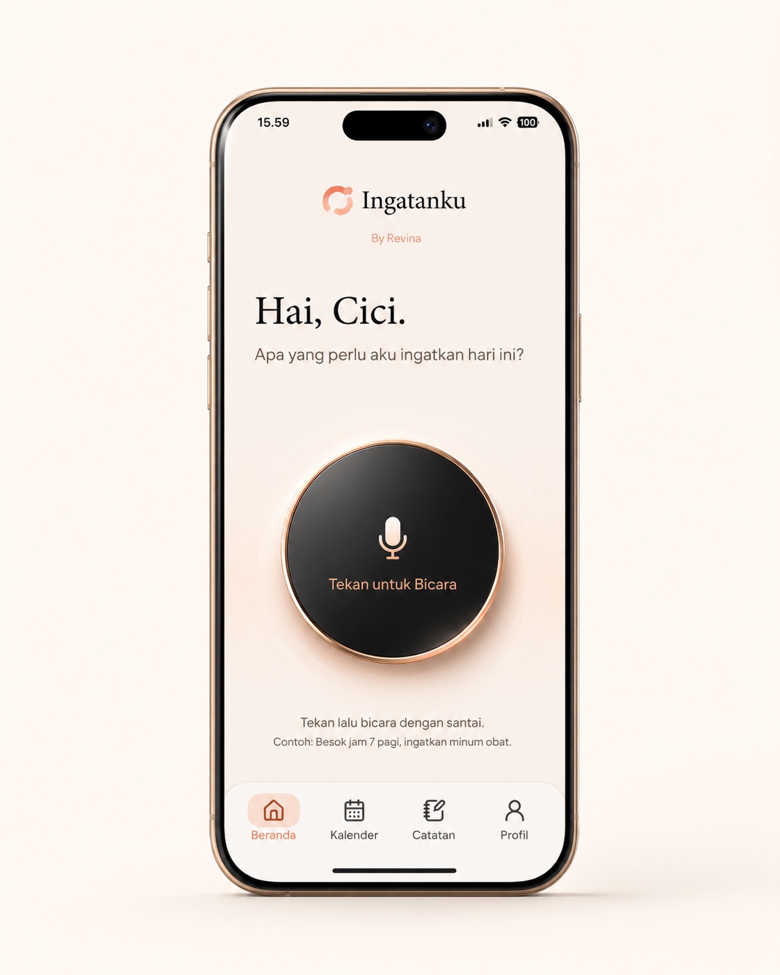 Mockup aplikasi Ingatanku dengan tombol bicara besar